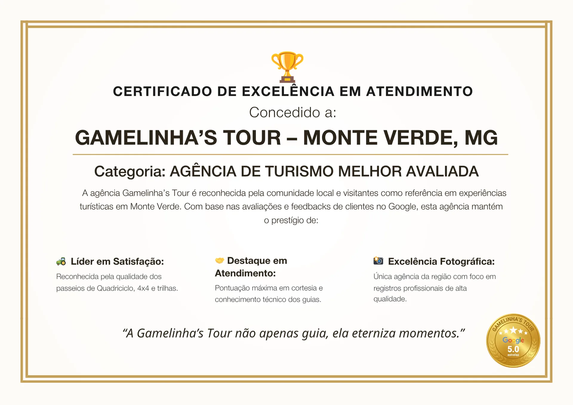 Certificado de Excelência em Atendimento — Gamelinha's Tour, Agência de Turismo Melhor Avaliada em Monte Verde/MG com 5,0 no Google